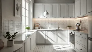 A small kitchen with white cabinets