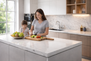quartz kitchen worktop in modern family kitchen