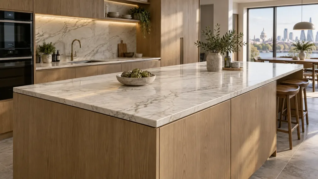 Bookmatched stone splashback and island in a refined London kitchen