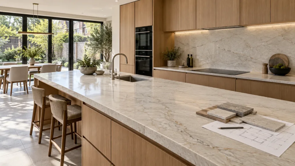 Stone samples and a kitchen plan beside a pale worktop island