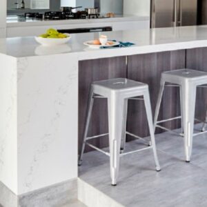 Modern kitchen with Unistone Statuario quartz worktop in London home