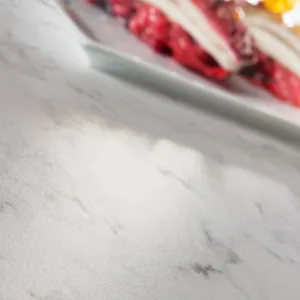 Silestone Helix Quartz worktop with a dessert, showcasing its elegant finish