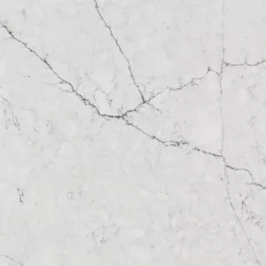 Close-up of Quartzforms Betulla Quartz with bluish anthracite veins.