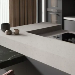 Modern kitchen with Quartzforms Veined Michelangelo Quartz worktop in London setting.