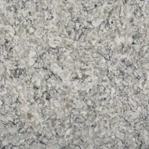 Close-up of CRL Colorado Quartz surface with black veins and grey tones.