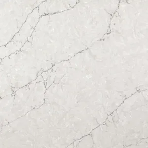 Close-up of CRL Vicenza quartz surface with grey veining