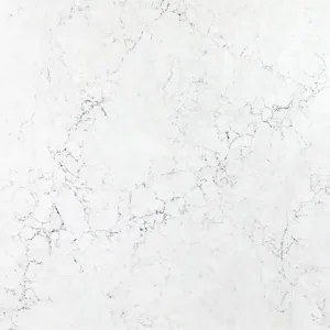 Close-up of CRL Statuario Bianco quartz with grey veins, ideal for London kitchens.