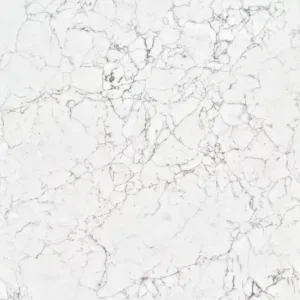 Close-up of CRL Antonella Quartz with grey and golden veins on a white background.