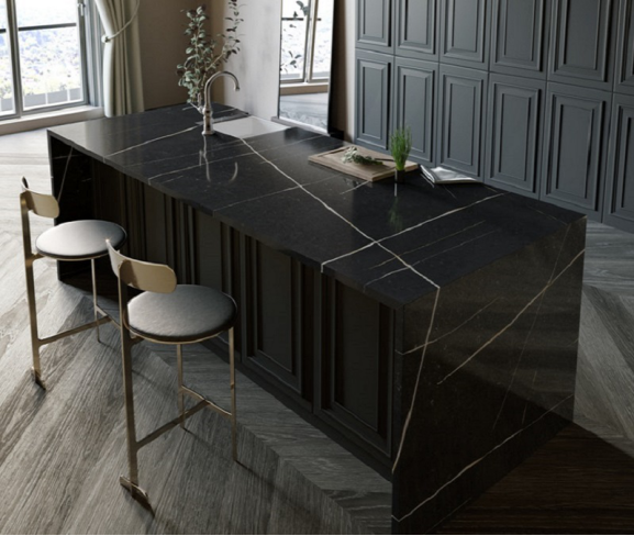 Cashmere kitchen with black worktop