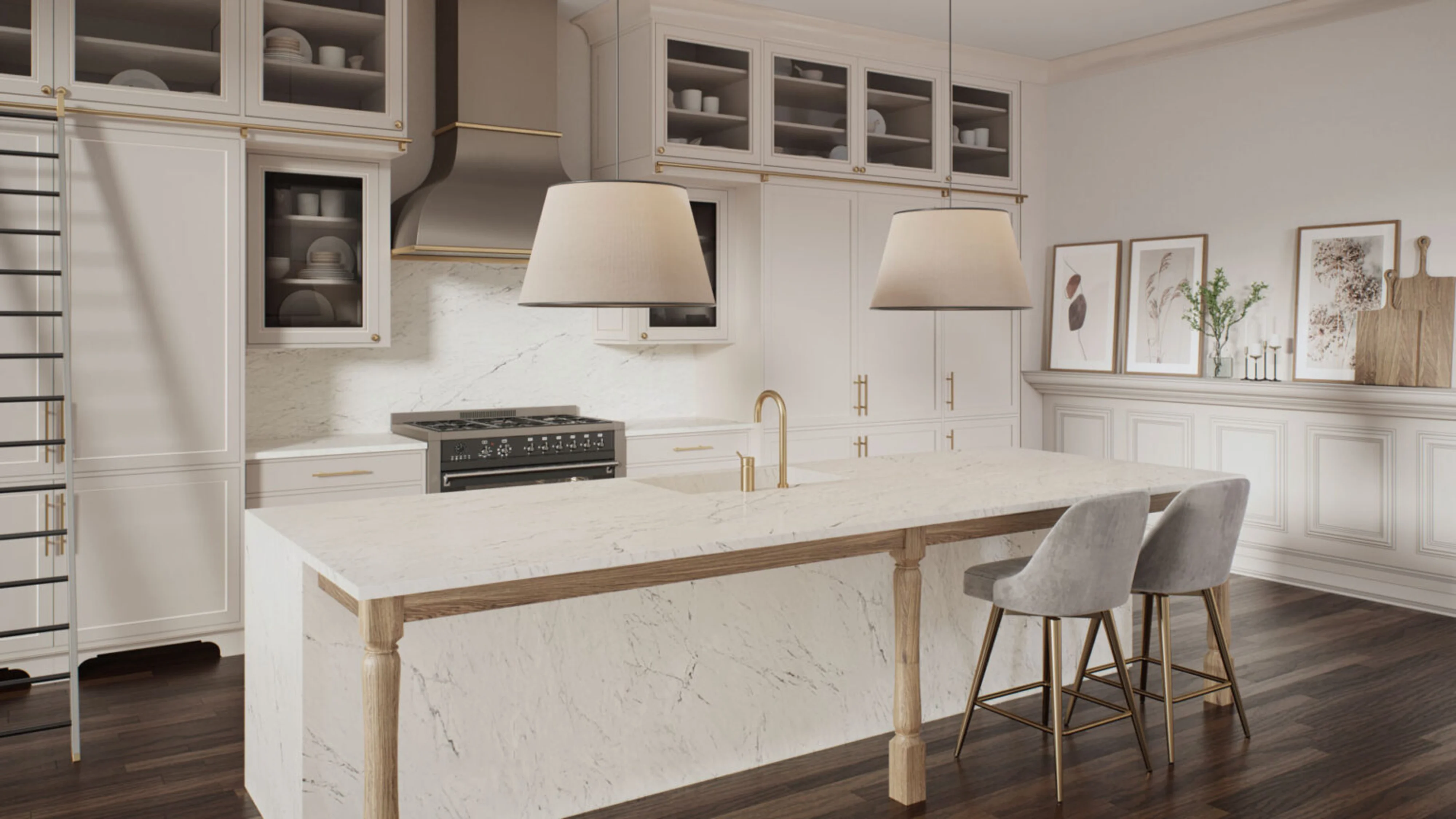 A 3D representation of a white kitchen with a Caesarstone porcelain worktop