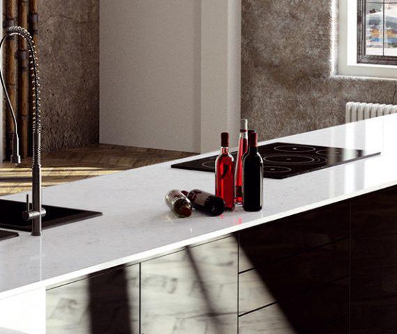 Difference between quartz and marble. A white countertop with wine bottles.