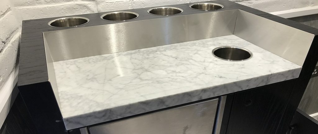 White Carrara Marble Worktops in a commercial kitchen