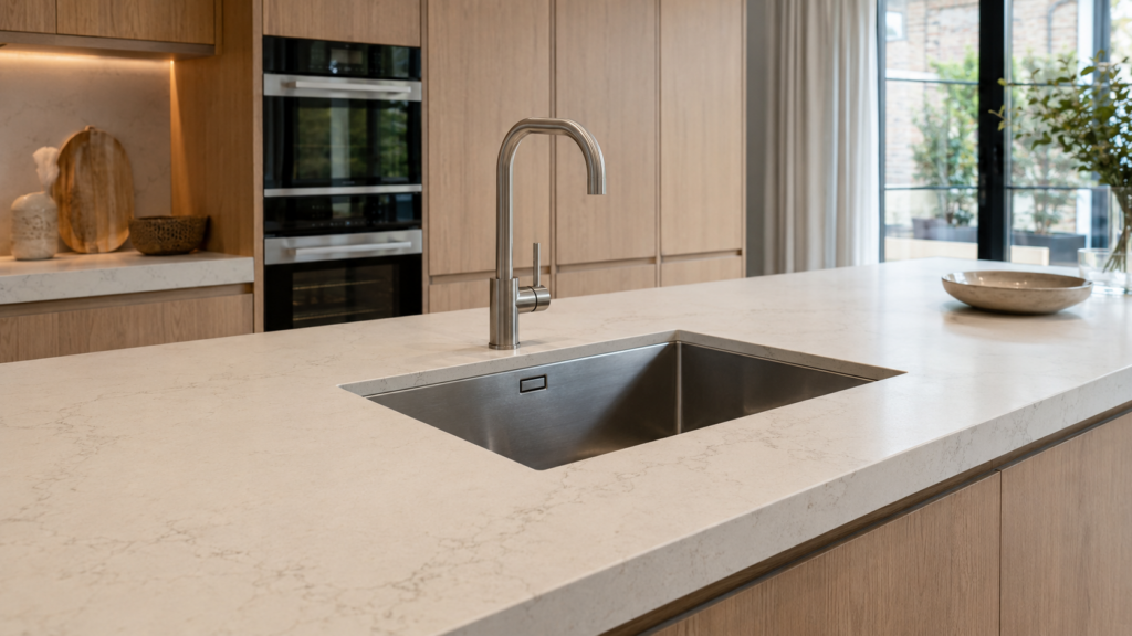 Stainless-steel undermount sink fitted beneath a pale quartz kitchen island